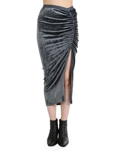 grey velvet elasticated waistband draped design side slit straight hem Velvet Midi Skirt, Rick Owens Lilies, Designer Drapes, Grey Velvet, Work Environment, Gray Skirt, Rick Owens, Womens Bottoms, Midi Skirt