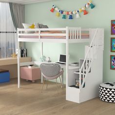 a white bunk bed sitting in a bedroom next to a desk