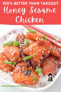 A bowl of sticky honey sesame chicken topped over a bowl of rice