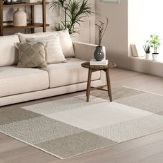 a living room with a couch, coffee table and potted plant