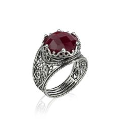 925 Sterling Silver Filigree Art Ruby Corundum Gemstone Cocktail Women Ring Filigree Rings, Classy Ring, House Unique, Classy Lady, Silver Cocktail, Handmade Sterling Silver Rings, Filigree Jewelry, Pinkish Red, Crown Design