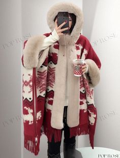 Poprose - Winter Cape Poncho with Plaid Design and Hooded Style Winter Outdoor Cape, Winter Poncho Cape For Cold Weather, Red Winter Cape One Size, Hooded Winter Poncho One Size, Winter Hooded Poncho One Size, One Size Winter Cape, Red Oversized Poncho For Winter, Oversized Red Poncho For Winter, Red Hooded Poncho For Fall