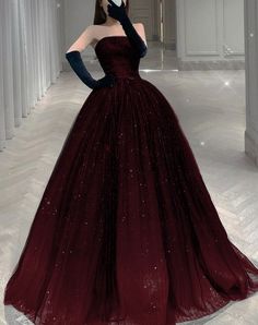 Royal Ball Gown Aesthetic Black, Long Dark Dress Aesthetic, Pretty Gown Aesthetic, Dresses For A Queen, Red Fancy Outfits For Women, Dark Red Dress Long Elegant Prom, Black And Red Gown Elegant, Dark Red Gown Elegant, Pretty Gowns Princesses