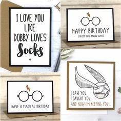 four birthday cards with the words i love you like dobby loves socks