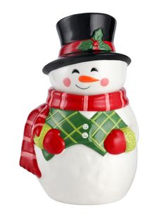 a ceramic snowman with a hat and scarf on it's head is shown