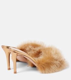 Pointy shearling-trimmed leather mules in beige - Gianvito Rossi | Mytheresa Luxury Pointed Toe Mules With Leather Sole, Party Calf Leather Mules With Leather Sole, Party Mules With Leather Sole And Calf Leather, Party Mules With Calf Leather And Leather Sole, Luxury Brown Mules For Party, Rossi Shoes, Evening Shoes, Leather Mules, Gianvito Rossi