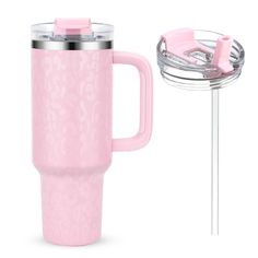 a pink coffee cup next to a travel mug with a straw in the bottom and lid