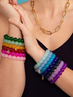 The Layla Beaded Bracelet pairs effortlessly with your favorite bangles and other stretch bracelets, making it the perfect foundation for your arm party. The glossy finish of the glass beads gives a subtle shine to each boldly colorful hue. -Stretch -1" Width -3" Diameter -0.1 Lbs -Nickel and Lead Compliant (Hypoallergenic) Stackable Beaded Bangle Bracelets For Party, Stackable Beaded Bracelets For Party, Trendy Stackable Beaded Bracelets For Party, Party Stackable Beaded Bangle Bracelets, Colorful Round Beaded Bracelets For Party, Trendy Hand-strung Stretch Bangle Bracelet, Flexible Hand-strung Bracelets, Faceted Beads Stretch Bracelet, Party Stretch Bracelet With Large Beads