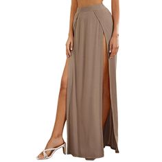 Apricot Multi High Split Sexy Long Skirt Fitted High Waist Maxi Skirt With Split Design, High Waist Solid Color Club Bottoms, Split Bottoms For Club And Summer, Solid Color Stretch Skirt With Split, Stretch Solid Color Skirt With Split, Chic Maxi Skirt For Club In Summer, Summer Club Maxi Skirt, Fitted High Waist Beige Maxi Skirt, Beige Fitted High Waist Maxi Skirt