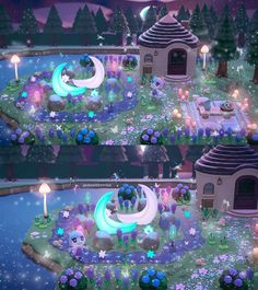 two screens showing the different stages of an animated garden with lights and flowers on it