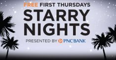 the poster for starr nights with palm trees and stars in the sky behind it, which reads free first thursdays