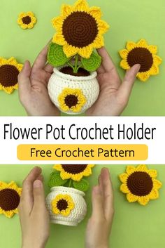 the crochet flower pot holder is made from yarn and has sunflowers in it