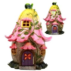 a pink and yellow fairy house with flowers on the roof is shown in three different angles