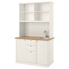 a white kitchen cabinet with an open shelf above it and a sink in the middle