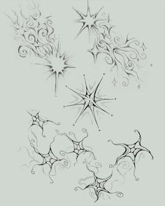 four stars and swirls are shown in black ink on a white paper, one is drawn