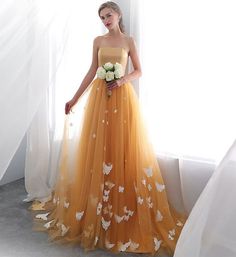 Stylish tulle applique long prom dress, evening dress · Dress idea · Online Store Powered by Storenvy Prom Dress With Butterflies, Dress With Butterflies, Tulle Applique, Orange Prom Dresses, Cheap Prom Dresses Long, Strapless Evening Dress, Strapless Prom Dress, Prom Dress Evening, A Line Prom Dresses