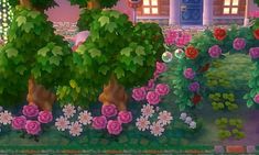 the garden in animal crossing is full of pink flowers and green trees with white daisies