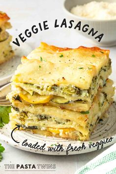 a stack of lasagna stacked on top of each other with text overlay that reads, veggie lasagna loaded with fresh vegetables