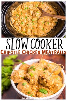 slow cooker chicken meatballs in a crock pot with the title above it