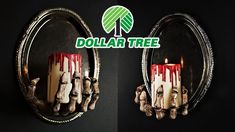 two hands holding candles in front of a circular mirror with the words dollar tree on it