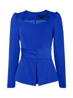 Elevate your capsule collection with this stylish azure blue two-piece set.  The sweetheart neckline blouse is fully lined with a silky satin fabric and has an invisible zip at the back. It features an optional detachable belt with a double button fastening that gives you extra freedom in choosing how to style the design.  Simply feminine and highly versatile, the pencil midi skirt is crafted from the same luxurious stretch crêpe fabric in a figure-hugging silhouette. It is high-waisted and full Luxury Blue Blouse For Business, Luxury Fitted Blue Blouse Piece, Luxury Blue Formal Blouse, Luxury Blue Buttoned Blouse, Elegant Light Blue Button-up Blouse, Blue Two Piece, Shirt Blouses Women's, Fitted Blouses, Midi Skirt Pencil