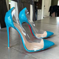 Preowned Please See All Pictures Guaranteed Authentic Size 38.5 Comes With Box And Dustbag Luxury Light Blue High Heels, Louboutin Shoes, Christian Louboutin Shoes, Shoes Women Heels, Christian Louboutin, Dust Bag, Shoes Heels, Color Blue, Pumps