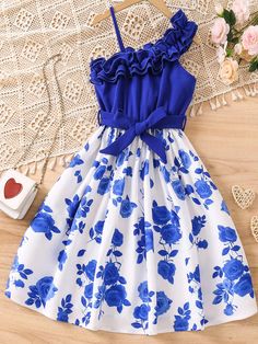 Blue and White Boho Collar Sleeveless Polyester Floral A Line Embellished Slight Stretch  Tween Girls Clothing Mode Batik, Cute Dress Outfits, Kids Fashion Dress, Breezy Dress, Fabric Floral, Really Cute Outfits, Cute Summer Outfits, Belted Dress, Girls Clothing