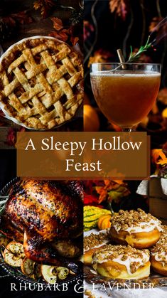 a collage of food and drink with the words sleepy hollow feast written below it