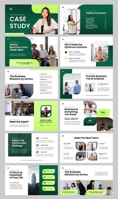 a green and white presentation slider with people in business attire on the slideshow