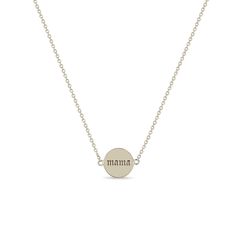 14k gold double-sided disc pendant necklace engraved with "mama" on one side and "boss" on the other in Old English fontSPECIFICS • 14k cable chain adjustable at 14-15-16"• disc is approx. 10mm Elegant Engraved Round Disc Necklace, Engraved Rose Gold Round Disc Necklace, Adjustable Engraved Round Disc Charm Necklace, Engraved Rose Gold Round Disc Charm Necklaces, Personalized 14k Gold-filled Disc Necklace, Zoe Chicco, Old English Font, Disc Pendant, Disc Necklace