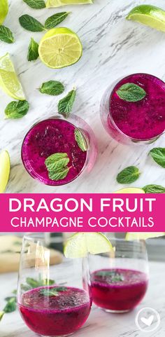 two glasses filled with dragon fruit champagne cocktails and garnished with mint leaves