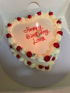 a heart shaped birthday cake with roses on it