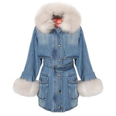 S To L Blue Winter Outerwear With Belted Cuffs, Chic Blue Outerwear With Belted Cuffs, Denim Long Jacket, Fur Cuffs, Jacket With Fur, Long Coat Women, Fur Parka, Long Jacket, Down Parka