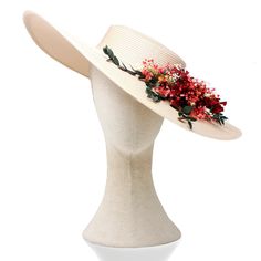 This hatinator is decorated with a variety of coloured dry flowers and leaves. You can have the option to add a short tulle veil to this floral headpiece. Imagine wearing this beautiful handmade ivory fascinator hat for special occasions like weddings, christenings, horse races and other special events! It measures 41 cm in diameter,  4 cm cup. DETAILS All of our designs are 100% handmade in our studio-workshop in Southern Spain. If you would like to see more of our designs visit our WEBSITE at Royal Fascinators, Wedding Hats For Guests, Ivory Fascinator, Elegant Hat, Custom Embroidered Hats, Red Fascinator, Horse Races, Royal Ascot Hats, Studio Workshop