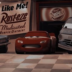 two cars are parked in front of a rusted out business sign that says rustezze meditated bumper to bumper