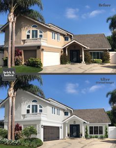 before and after photos of a house with palm trees