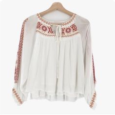 Nwt Altar’d State White Cropped Embroidered Blouse Size Small Lined 100% Rayon White Long Sleeve Tops With Intricate Embroidery, Summer Long Sleeve Blouse With Intricate Embroidery, White Long Sleeve Top With Embroidered Hem, Summer Peasant Tops With Embroidered Sleeves, Peasant Tops With Embroidered Sleeves For Summer, White Long Sleeve Top With Embroidered Neckline, White Long Sleeve Blouse With Embroidered Sleeves, Vacation Long Sleeve Tops With Embroidered Neckline, Vacation Tops With Embroidered Neckline And Long Sleeves