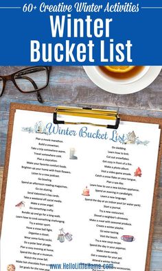 a winter bucket list on a clipboard next to a cup of coffee and eyeglasses