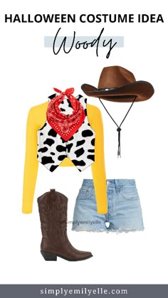 a woman wearing cowboy boots and a yellow shirt with black and white cow print on it