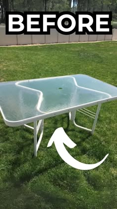 the before and after photo shows how to paint an outdoor table with white paint on it