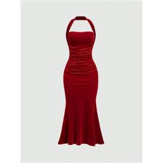 This Bodycon Masterpiece Features A Sultry Halter Neckline And Ruched Detailing That Sculpts Your Figure. The Backless Design And Mermaid Hem Add A Touch Of Allure, While The High-Stretch Velvet Fabric Ensures A Comfortable, Slim Fit. Perfect For Making A Statement At Any Event, This Long, Sleeveless Dress Promises An Unforgettable Look. Red Halter Dress Long, Red High Neck Dress, Red Hoco Dress, Red Backless Dress, High Neck Long Dress, Halter Strap Dress, Red Halter Dress, Long Sleeveless Dress, Red Silk Dress