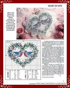 a cross stitch pattern with the words heart of love on it and an image of two hearts