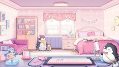 a room filled with lots of pink furniture and toys on top of a wooden table