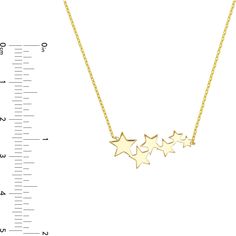 Ignite your passion for fine jewelry with the shimmering beauty of the Graduating Stars Adjustable Necklace by Olas d'Oro. This exquisite 14K yellow gold necklace is a celestial masterpiece that will leave you mesmerized. Its design features six graduating stars, each representing a unique moment in your life's journey.Crafted with precision and passion, this necklace is more than just jewelry; it's a symbol of your personal growth and accomplishments. The stars glisten with the warmth of 14 Kar Celestial Yellow Gold Necklace For Anniversary, Star-shaped Fine Jewelry Necklace For Anniversary, Fine Jewelry Star-shaped Necklace For Anniversary, Yellow Gold Star Charm Necklace For Anniversary, Gold Star-shaped 14k Diamond Necklace, Yellow Gold Fine Jewelry Necklace With Star Charm, Yellow Gold Celestial Necklace For Formal Occasions, Celestial Yellow Gold Necklace For Formal Occasions, Star-shaped Necklace For Anniversary