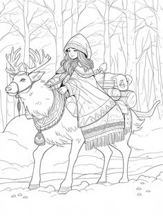 a woman riding on the back of a reindeer in a forest with trees and snow