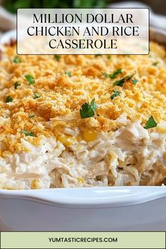 Need a new go-to recipe? This million-dollar chicken and rice casserole is packed with flavor, incredibly creamy, and full of cheese! With simple ingredients and easy steps, you’ll have a meal that’s as tasty as it is comforting. Make your next dinner a hit with this irresistible dish—find the full recipe here!  #ComfortFoodRecipes #CheesyDinners #QuickMeals #ChickenRecipes #DinnerTonight Million Dollar Chicken And Rice, Casserole Recipes Chicken Rice, Chicken And Rice With Knorrs, Chicken Cheese Rice Broccoli Casserole, Mawmaws Chicken And Rice Recipes, Forgotten Chicken And Rice, Chicken Rice And Cheese Casserole, Chicken And Knorr Rice Casserole Recipes, Shredded Chicken And Rice Recipes