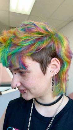 Rainbow Mullet Hair, Multicolor Short Hair, Alt Mens Haircut, Colourful Mullet, Mullet Hair Dye, Dyed Mohawk, Rainbow Mullet, Rainbow Pixie Hair, Colorful Mullet