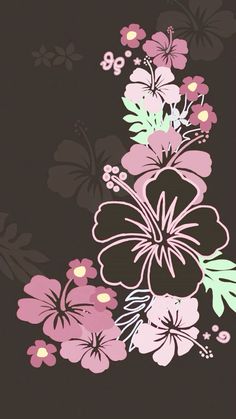 a black background with pink flowers and green leaves