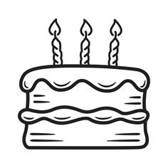 a birthday cake with three candles on it, outlined in black and white coloring book style