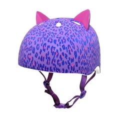 a purple helmet with pink and blue leopard print on the side, featuring a cat's ears